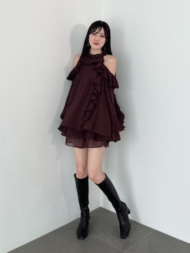 「MERCURYDUO（マーキュリーデュオ）のストレッチロングブーツ（ブーツ、ブラウン系）」を使った、kyokaさん（レディース・167cm）の夏コーディネート