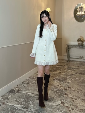 「MERCURYDUO（マーキュリーデュオ）のストレッチロングブーツ（Boots、ブラック系）」を使った、kyokaさん（レディース・167cm）の秋コーディネート