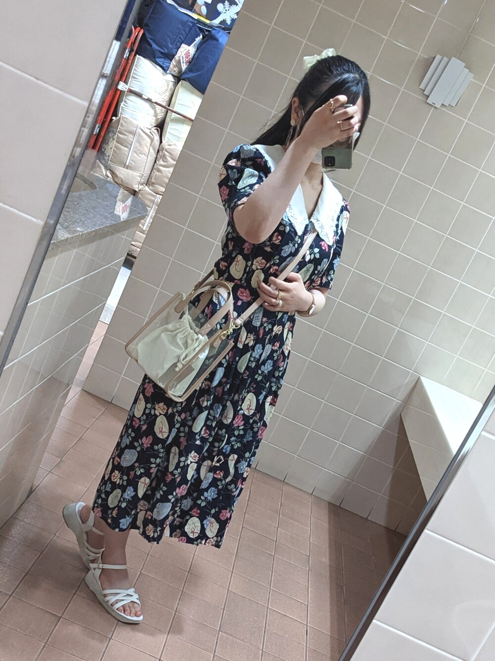 「今日のコーデ、今日の服、コーデ記録、古着女子、古着ワンピ」｜「GUのアイテム（ショルダーバッグ、ベージュ系）」を使った、セキレイさん（レディース・160cm）の夏コーディネートの1枚目の写真