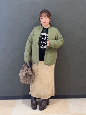 「DRESKIP（ドレスキップ）のキルトオーバーブルゾン（ブルゾン、グリーン系）」を使った、mayaさん（レディース・155cm）の秋コーディネート