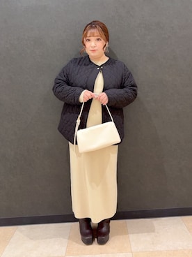 「SHOO・LA・RUE（シューラルー）の【洗濯機可/S-LL/撥水】大人が着たい ノーカラー キルトジャケット（ノーカラージャケット、ブラック系）」を使った、mayaさん（レディース・155cm）の冬コーディネート