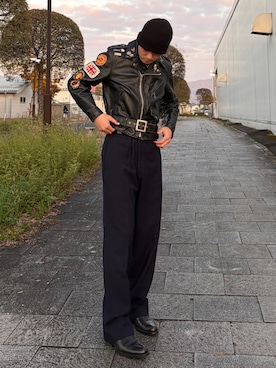 「アイテム（ライダースジャケット）」を使った、harutakaさん（メンズ・180cm）の冬コーディネート