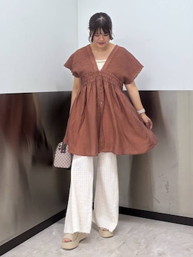 LOWRYS FARM シャーリングチュニックフレンチスリーブ ブラウン