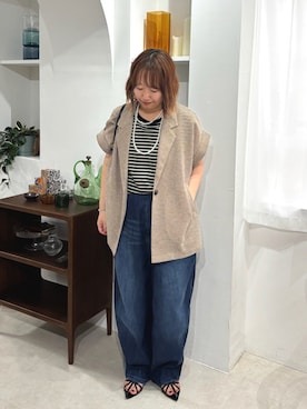 「Doux archives（ドゥアルシーヴ）の【マイナス３℃デニム】サイドラインバレルパンツ（デニムパンツ、ブルー系）」を使った、douxarchivesさん（レディース・158cm）の夏コーディネート