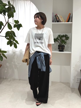 「Doux archives（ドゥアルシーヴ）のCAT転写ロゴTee（Tシャツ/カットソー、ホワイト系）」を使った、douxarchivesさん（レディース・158cm）の夏コーディネート