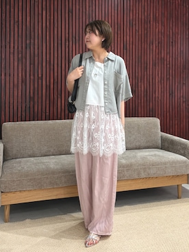 「Doux archives（ドゥアルシーヴ）のセルロースソフト半袖シャツ（シャツ/ブラウス、グレー系）」を使った、douxarchivesさん（レディース・158cm）の夏コーディネート