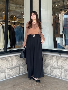 「Thevon（ゼボン）のドットシアーフリルブラウス（シャツ/ブラウス、ブラウン系）」を使った、momoさん（レディース・159cm）の夏コーディネート