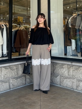 「Thevon（ゼボン）のボートネックバルーンブラウス（シャツ/ブラウス、ブラック系）」を使った、momoさん（レディース・159cm）の夏コーディネート