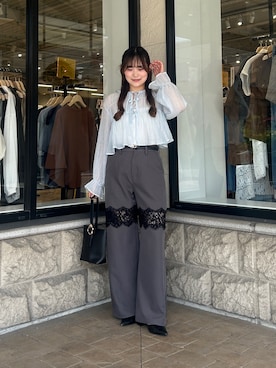 「Thevon（ゼボン）の楊柳リボンシャーリングシアーブラウス（シャツ/ブラウス、ブルー系）」を使った、momoさん（レディース・159cm）の夏コーディネート