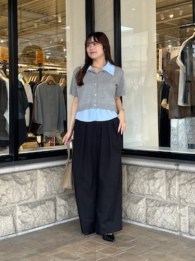 「Thevon（ゼボン）のシャツドッキング半袖ニットプルオーバー（Tシャツ/カットソー、グレー系）」を使った、momoさん（レディース・159cm）の夏コーディネート