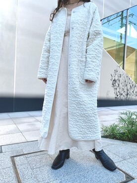 「オールホワイト」｜「アイテム（ノーカラーコート）」を使った、minamiさん（レディース・158cm）の秋コーディネート