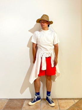 「アイテム（パンツ、オレンジ系）」を使った、清野さん（メンズ・175cm）の夏コーディネート