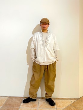 「OVERRIDE（オーバーライド）のOVERRIDE  CORDUROY HUNTING SGP / オーバーライド（ハンチング/ベレー帽）」を使った、清野さん（メンズ・175cm）の秋コーディネート