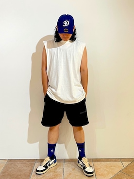 「アイテム（スウェットパンツ）」を使った、清野さん（メンズ・175cm）の夏コーディネート