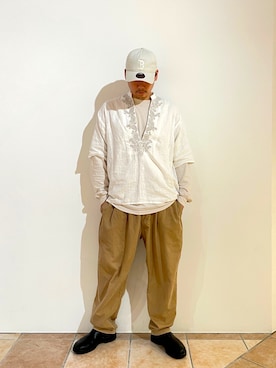 「アイテム（チノパンツ）」を使った、清野さん（メンズ・175cm）の夏コーディネート