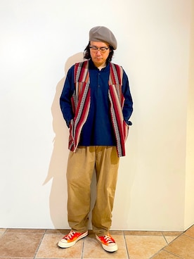 「アイテム（ハンチング/ベレー帽）」を使った、清野さん（メンズ・174cm）の秋コーディネート