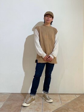 「ニットベスト」｜「アイテム（ハンチング/ベレー帽）」を使った、清野さん（メンズ・175cm）の秋コーディネート