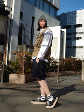 「MANASTASH（マナスタッシュ）のアイテム（帽子）」を使った、Royさん（メンズ・179cm）の夏コーディネート