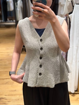 「A part by（アパートバイ）のブークレペプラムニットノースリーブ（ベスト、ブラック系）」を使った、moriさん（レディース・148cm）の夏コーディネート