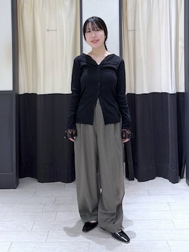 「A part by（アパートバイ）のカットリブレースカーディガン（Tシャツ/カットソー、ブラック系）」を使った、moriさん（レディース・148cm）の夏コーディネート