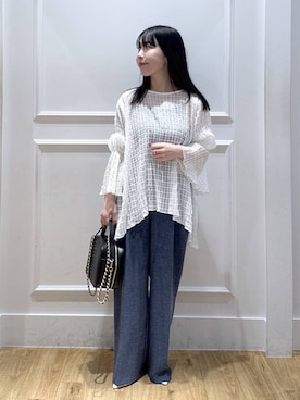 「A part by（アパートバイ）の【多機能・セットアップ対応可能】リネンライクパンツ（その他パンツ、ブルー系）」を使った、moriさん（レディース・148cm）の春コーディネート