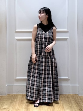 「A part by（アパートバイ）のマドラスチェックキャミワンピース（ワンピース、パープル系）」を使った、moriさん（レディース・148cm）の春コーディネート