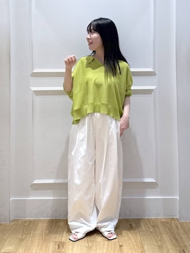「A part by（アパートバイ）の【多機能】 シアーポロニットプルオーバー_5分袖（ニット/セーター、グリーン系）」を使った、moriさん（レディース・148cm）の春コーディネート