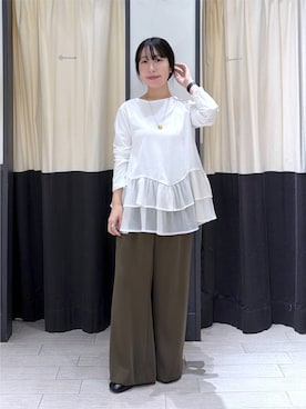 「アイテム（スラックス、グリーン系）」を使った、moriさん（レディース・148cm）の秋コーディネート
