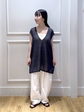 「A part by（アパートバイ）の≪追加2≫ペーパーユルニットノースリーブ（ニット/セーター、グレー系）」を使った、moriさん（レディース・148cm）の春コーディネート