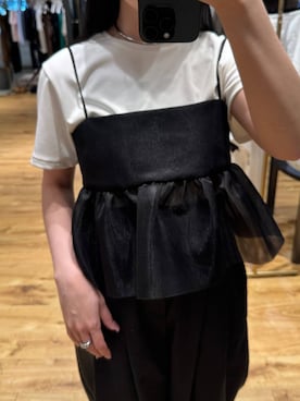 「A part by（アパートバイ）のダブルラッセルキャミ（シャツ/ブラウス、ブラック系）」を使った、moriさん（レディース・148cm）の春コーディネート
