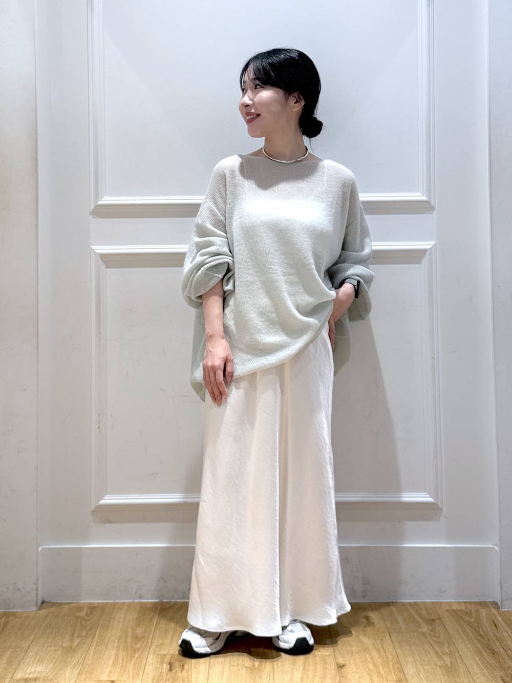 「低身長、ベーシック/シンプル、ナチュラル」｜「A part byのBabyモヘヤプルオーバー_長袖（ニット/セーター、グリーン系）」を使った、moriさん（レディース・148cm）の秋コーディネートの1枚目の写真