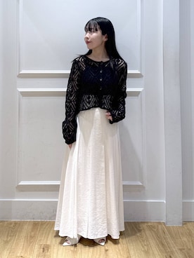 「A part by（アパートバイ）のリネンコンスカシアミカーディガン（カーディガン/ボレロ、ブラック系）」を使った、moriさん（レディース・148cm）の春コーディネート