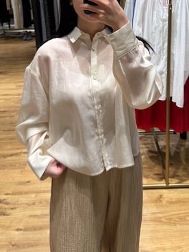 「A part by（アパートバイ）のシアークロップドシャツ（シャツ/ブラウス、ブルー系）」を使った、moriさん（レディース・148cm）の春コーディネート