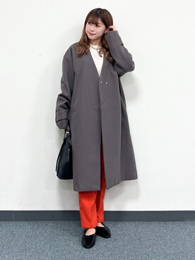 「カラーパンツ」｜「アイテム（ノーカラーコート）」を使った、rrnn13さん（レディース・149cm）の冬コーディネート