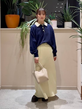 「LOWRYS FARM（ローリーズファーム）のストレッチサテンスカート　 290120（スカート、イエロー系）」を使った、ゆーみさん（レディース・156cm）の春コーディネート