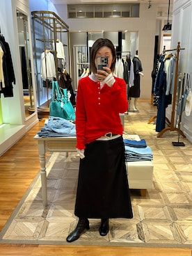 「NOLLEY’S（ノーリーズ）のMY STANDARDウォッシャブルリブヘンリー2WAYプルオーバー（Tシャツ/カットソー、レッド系）」を使った、Yamazakiさん（レディース・157cm）の秋コーディネート