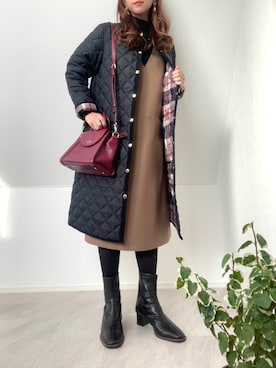 「MACKINTOSH PHILOSOPHY（ﾏｯｷﾝﾄｯｼｭ ﾌｨﾛｿﾌｨｰ）のアイテム（ノーカラーコート）」を使った、＊𝒂𝒎𝒆𝒍𝒊𝒆𝒆＊さん（レディース・158cm）の秋コーディネート