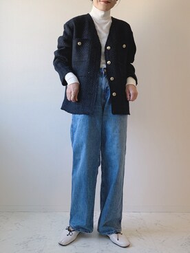 「定番」｜「アイテム（ノーカラージャケット）」を使った、ソソさん（レディース・160cm）の秋コーディネート