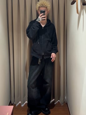 「WYM LIDNM（ウィム バイ リドム）のHEAVY OZ DOUBLE ZIP PARKA（パーカー、ブラック系）」を使った、Mitsuki Moriyamaさん（メンズ・175cm）の春コーディネート