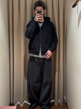 「WYM LIDNM（ウィム バイ リドム）のHEAVY OZ DOUBLE ZIP PARKA（パーカー、ブラック系）」を使った、Mitsuki Moriyamaさん（メンズ・175cm）の春コーディネート