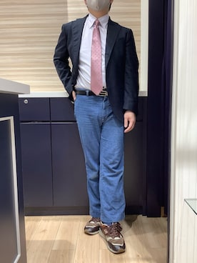 「TOKYO SHIRTS（トウキョウシャツ）の形態安定ノンアイロン スナップダウン 長袖ビジネスワイシャツ（ビジネスシャツ、パープル系）」を使った、BRICK HOUSE by Tokyo Shirts 久留米ゆめタウン店さん（メンズ・160cm）の春コーディネート