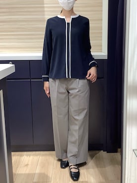 「TOKYO SHIRTS（トウキョウシャツ）のマットジョーゼット 配色 キーネック ブラウス 長袖 レディースデザインシャツ（シャツ/ブラウス、ブルー系）」を使った、BRICK HOUSE by Tokyo Shirts 久留米ゆめタウン店さん（メンズ・160cm）の秋コーディネート