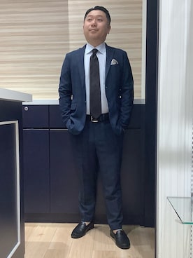 「TOKYO SHIRTS（トウキョウシャツ）の形態安定ノンアイロン ワイド 長袖ストレッチビジネスワイシャツ（ビジネスシャツ、ブルー系）」を使った、BRICK HOUSE by Tokyo Shirts 久留米ゆめタウン店さん（メンズ・160cm）の春コーディネート