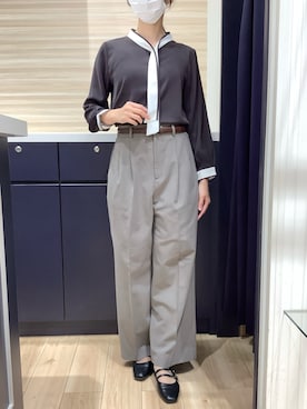 「TOKYO SHIRTS（トウキョウシャツ）のマットジョーゼット 配色 ボウタイブラウス 長袖 レディースデザインシャツ（シャツ/ブラウス、ブラウン系）」を使った、BRICK HOUSE by Tokyo Shirts 久留米ゆめタウン店さん（メンズ・160cm）の秋コーディネート