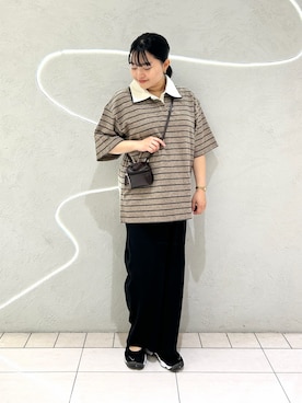 「KBF（ケイビーエフ）のパイルボーダーラガーTEE（Tシャツ/カットソー、グレー系）」を使った、MORIさん（レディース・159cm）の夏コーディネート