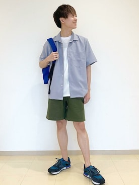 「アイテム（バックパック/リュック、ブルー系）」を使った、東松さん（メンズ・168cm）の春コーディネート