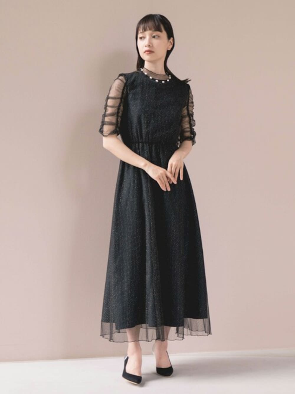 「ワンピース、dress、パーティースタイル、成人式、結婚式、パーティードレス、結婚式二次会スタイル、お呼ばれスタイル、kaene、フォーマル/セレモニー」｜「kaeneのシャイニーチュールドレス（ドレス、ブラック系）」を使った、kaeneSTAFFさん（レディース・157cm）の夏コーディネートの1枚目の写真