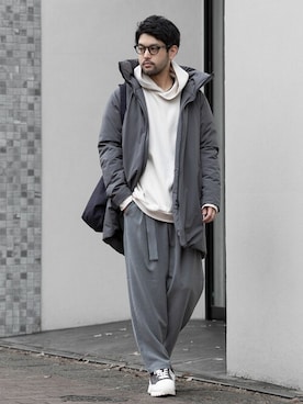 「ATTACHMENT（アタッチメント）のコットンツイル ハイカット トレーナーズ / CO TWILL HIGH CUT TRAINERS（スニーカー）」を使った、SHUさん（メンズ・170cm）の冬コーディネート