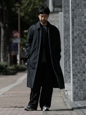 SHUさんの「ウォッシャブル WO/PE ストレッチサキソニー ベルテッドワイドトラウザーズ / WASHABLE WO/PE STRETCH SAXONY BELTED WIDE TROUSERS」を使ったコーディネート