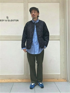 「TAION（タイオン）のアイテム（ノーカラージャケット）」を使った、GLOSTER stylingさん（メンズ・176cm）の冬コーディネート
